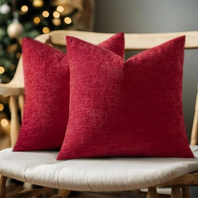 HAYAN Pack of 2 Red Pillow Covers 20x20 Inch Christmas Soft Chenille Couch Throw Pillows Solid Color Cushion Covers Home Decoration for Spring Sofa Living Room