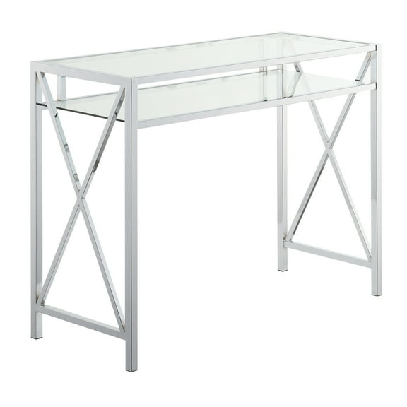 42 Inch Desk with Glass Top - Modern Home Office Computer Writing Desk with Shelf