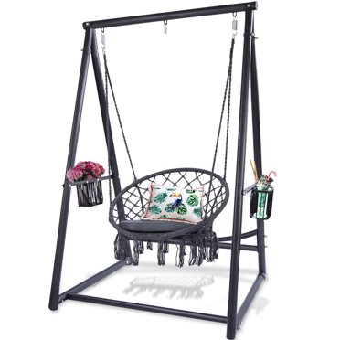 Macrame Hammock Swing Chair with Cushion and Reinforced Solid Structure Hanging Stand - Included 2 Storage Baskets and 3 Hooks for Indoor Outdoor Patio Garden Balcony (Dark Grey)