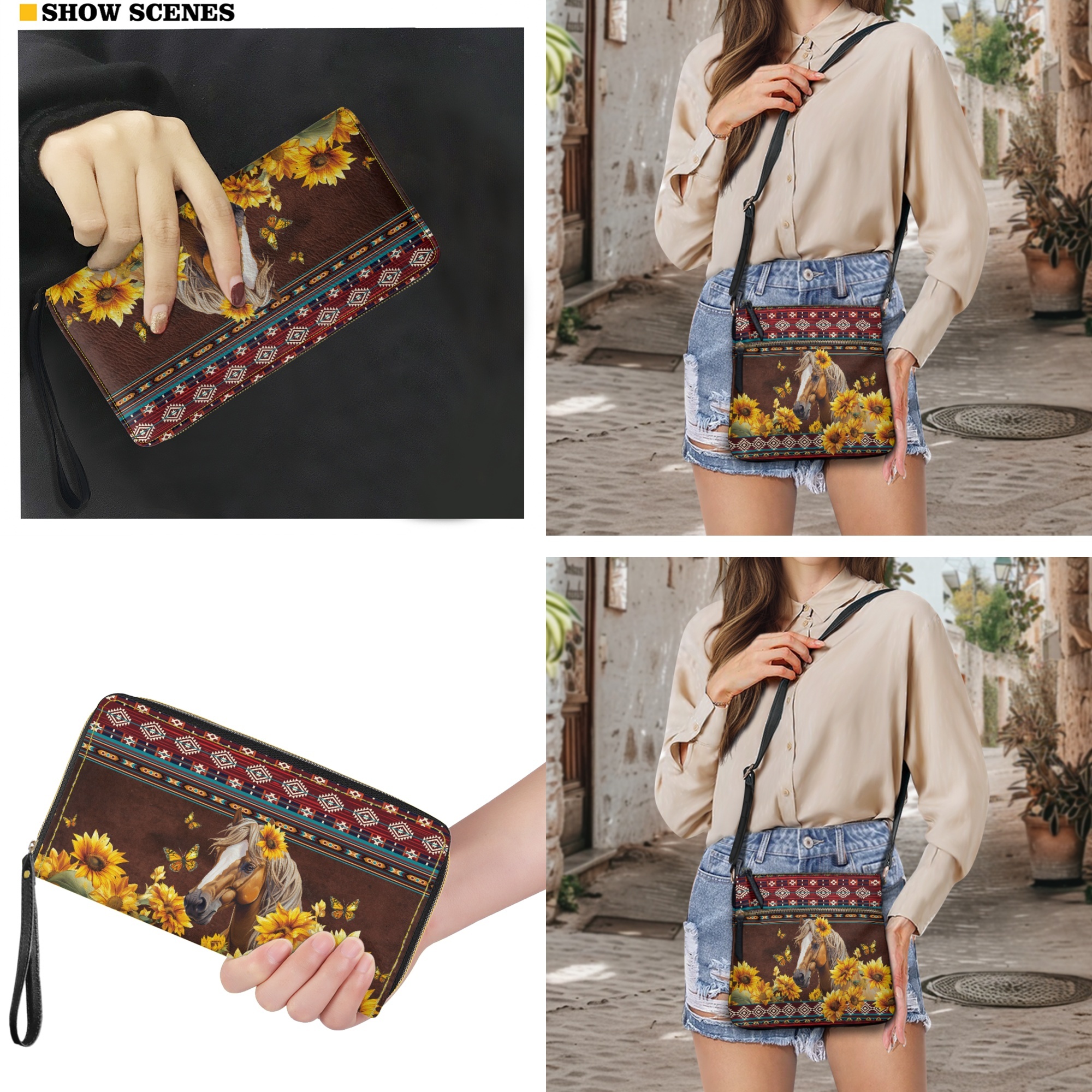 ZUXONGSY Aztec Horse Butterfly Sunflower Print Ladies PU Leather Crossbody Bags with Purse Set- Adjustable Crossbody Strap Hobo Bag and Wallet Set for Party or Dating