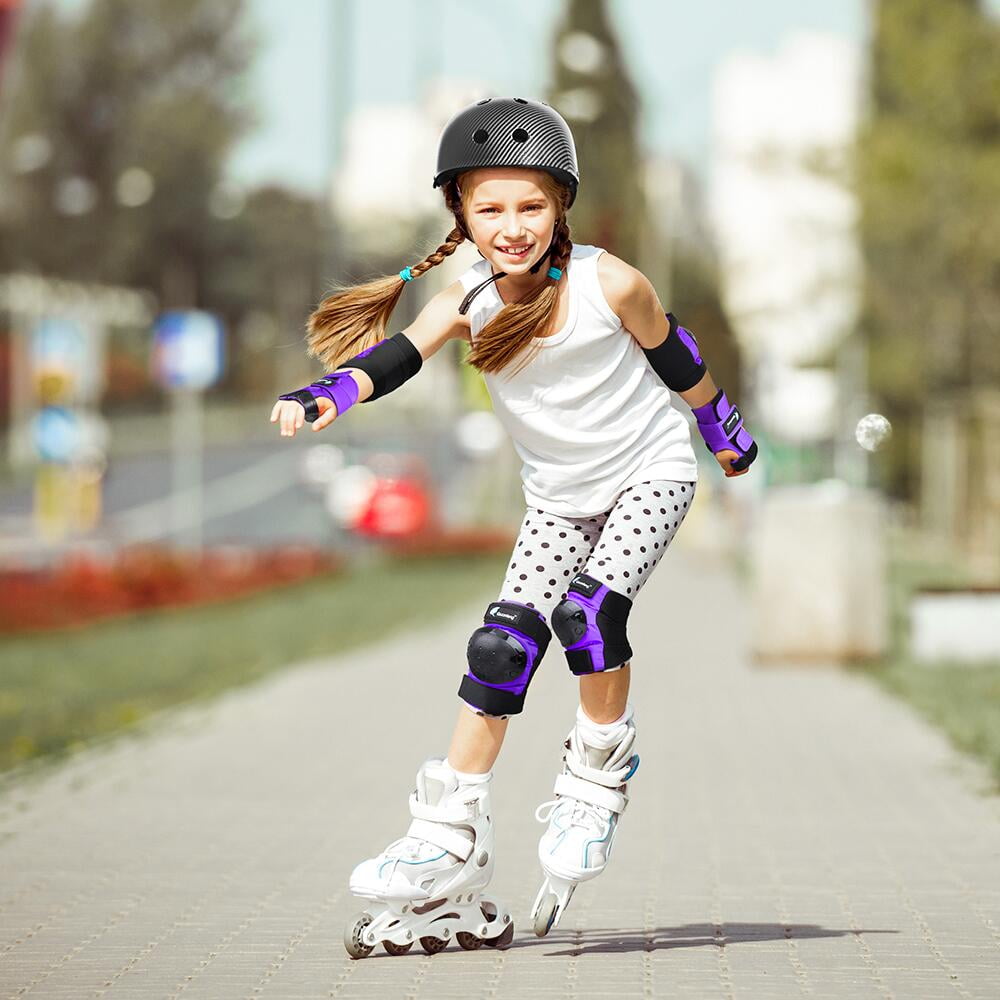 QUANFENG QF Knee Pads Elbow Pads and Wrist Guards 6 Pieces Cycling Skateboarding Protective Gear Set for Kids, Tween (Purple)