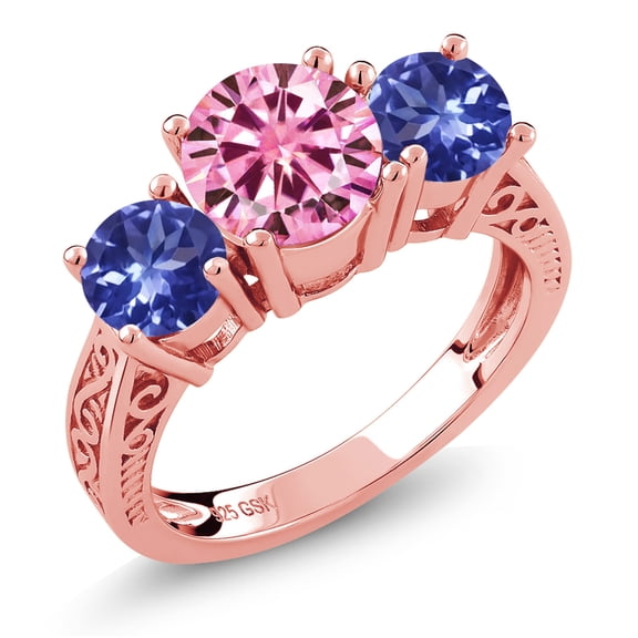 Gem Stone King 18K Rose Gold Plated Silver 3-Stone Ring Round Pink Moissanite and Tanzanite Blue (2.12 Cttw, Size 6)