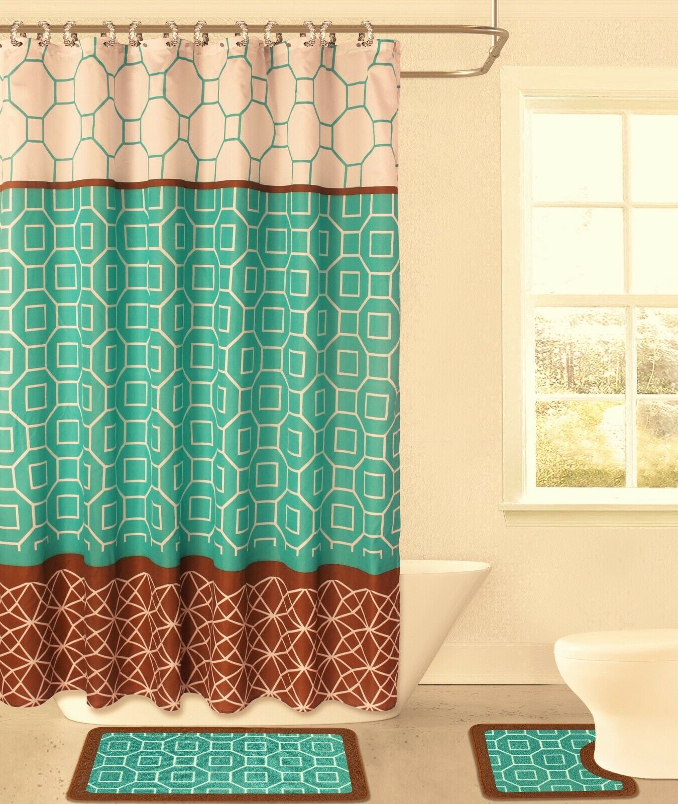 DIAMOND BROWN / TEAL 15piece Hotel Bathroom Sets 2 NonSlip Bath Mats Rugs Fabric Shower
