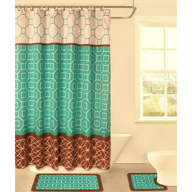 15PC DIAMOND BROWN/ TEAL HIGH QUALITY Jacquard Bathroom Bath Rug Set