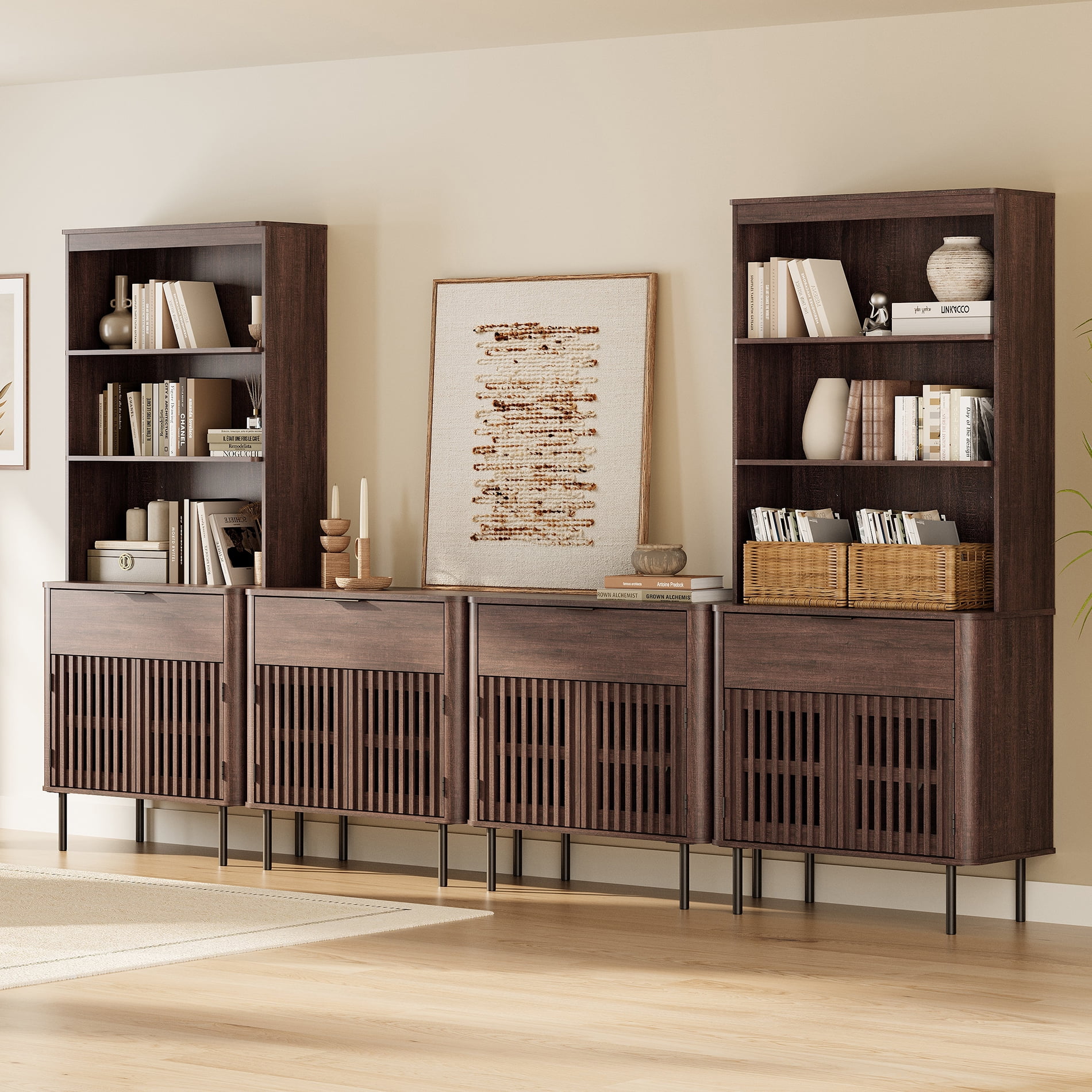 WAMPAT 72.8" Tall Bookshelf with Doors and Drawers, Modern Bookcase with Storage, Adjustable Shelves, Wood Storage Cabinet, Walnut