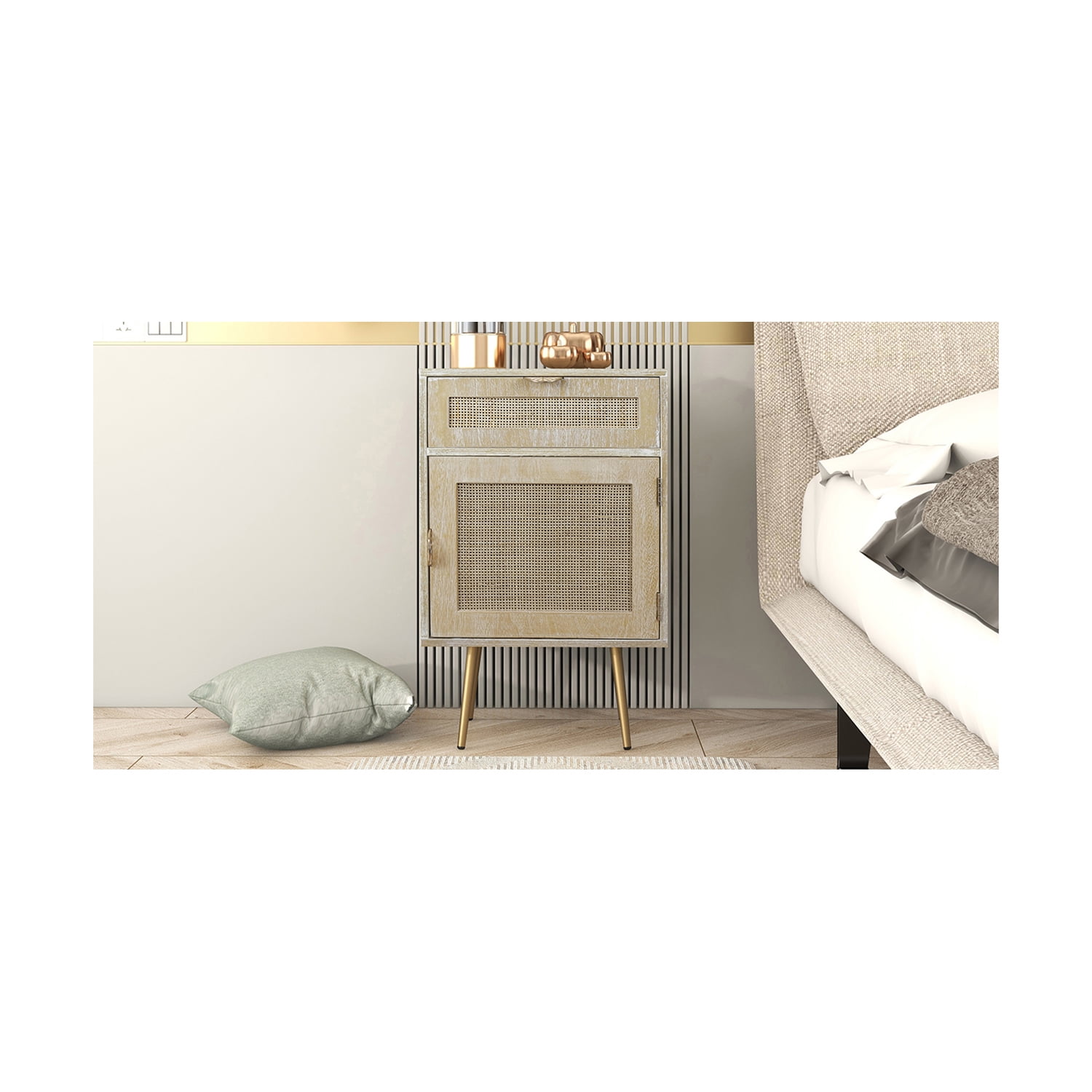 Kepooman Wooden Nightstand with One Cabinet and Metal Feet, Natural Rattan 2 Drawer Nightstand, Natural Kepooman Wooden Nightstand with One Cabinet and Metal Feet, Natural Rattan 2 Drawer Nightstand, Natural