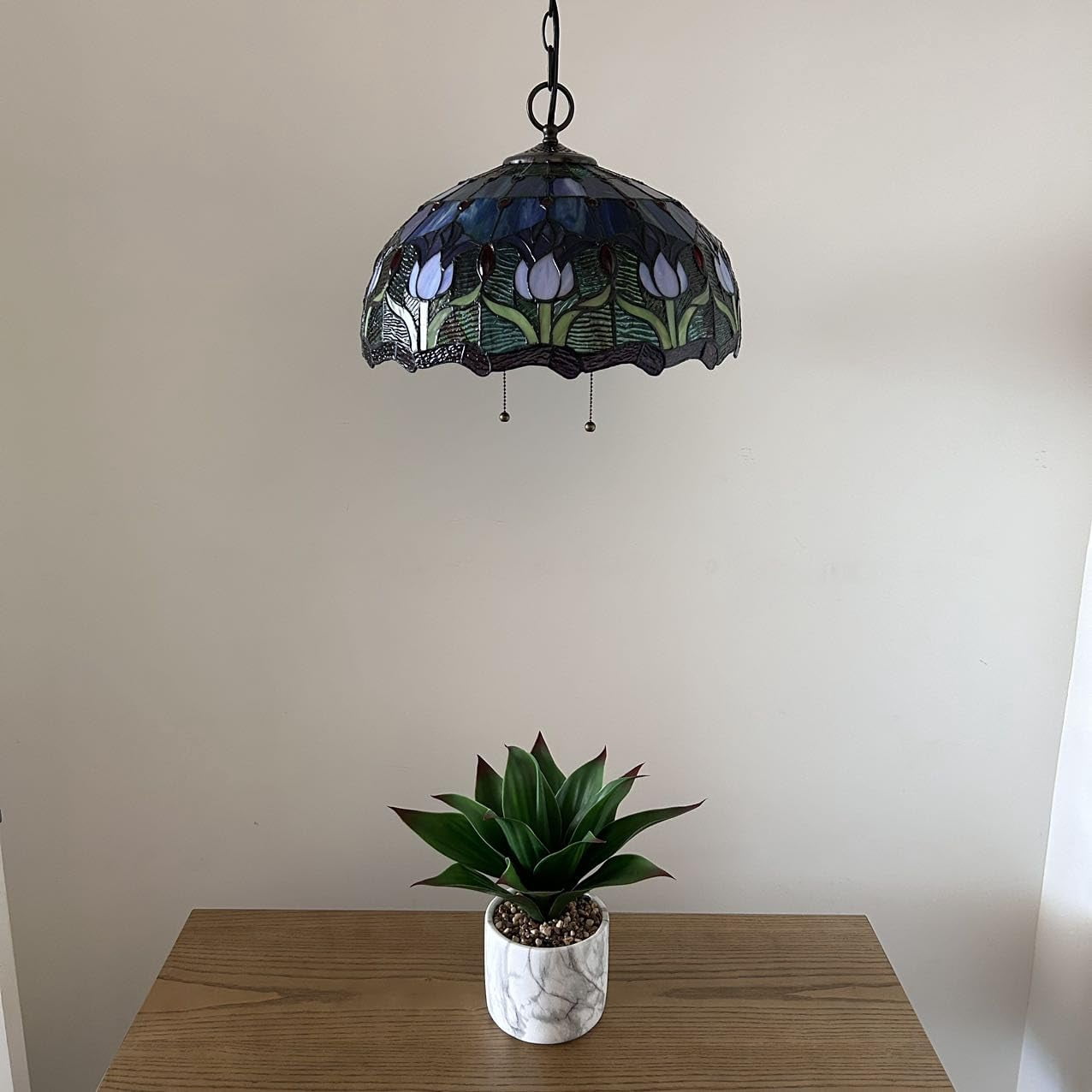 Tiffany Pendant Lights Fixture Blue Purple Stained Glass Tulips LED Bulb Included for Dining Room Hotel Restaurant Cafe 16"W*16"D*75"H