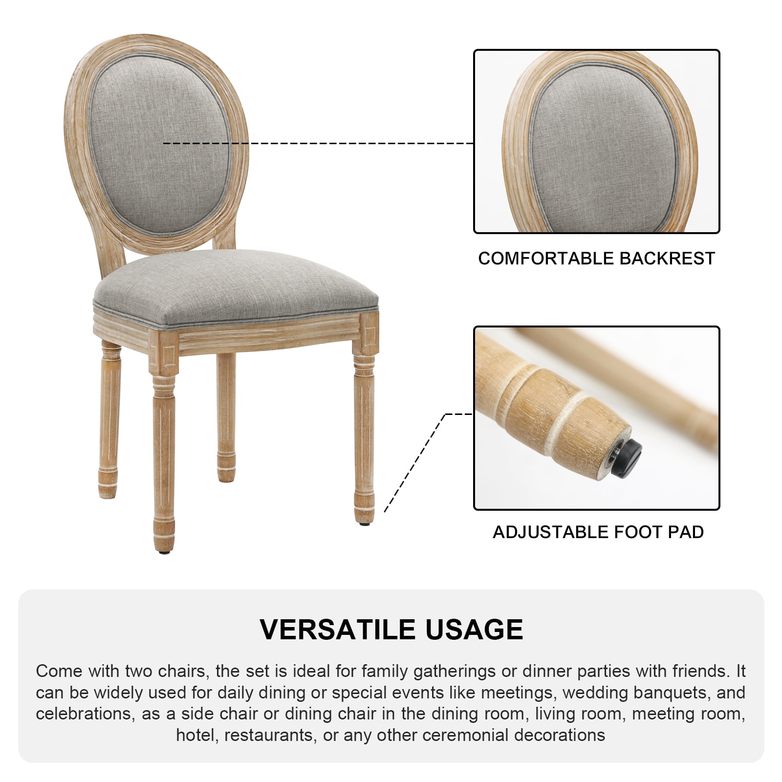 King Louis Back Side Chair Set of 2 Upholstered Linen Dining Room Chairs Light gray French Country Dining Chairs