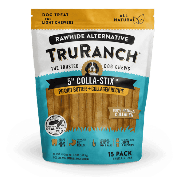 TRURANCH Collagen Sticks - 5" Collagen Sticks for Dogs - Long Lasting Healthy Joint Support Dog Treat - Rawhide Alternative - Skin & Coat Health - Made with Real Peanut Butter, 1 Bag, 15 Count