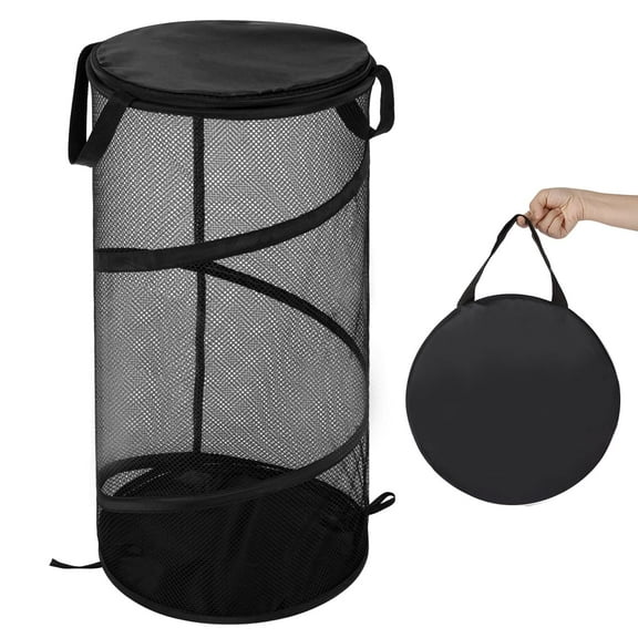 Foldable Laundry Basket with Lid, Mesh Storage Hamper for Home, Dorm, Travel, Organize Clothes, Toys, Sports Equipment, Black