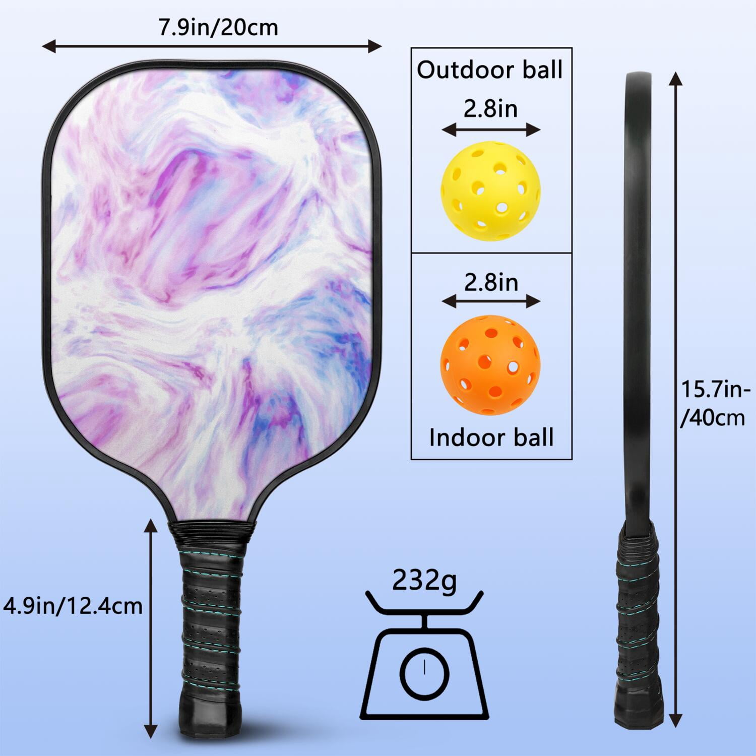 Pickleball Paddles Set Of 1, Fiberglass Surface, Liquid & Marble Print, 1 Paddles, 2 Balls & Bag