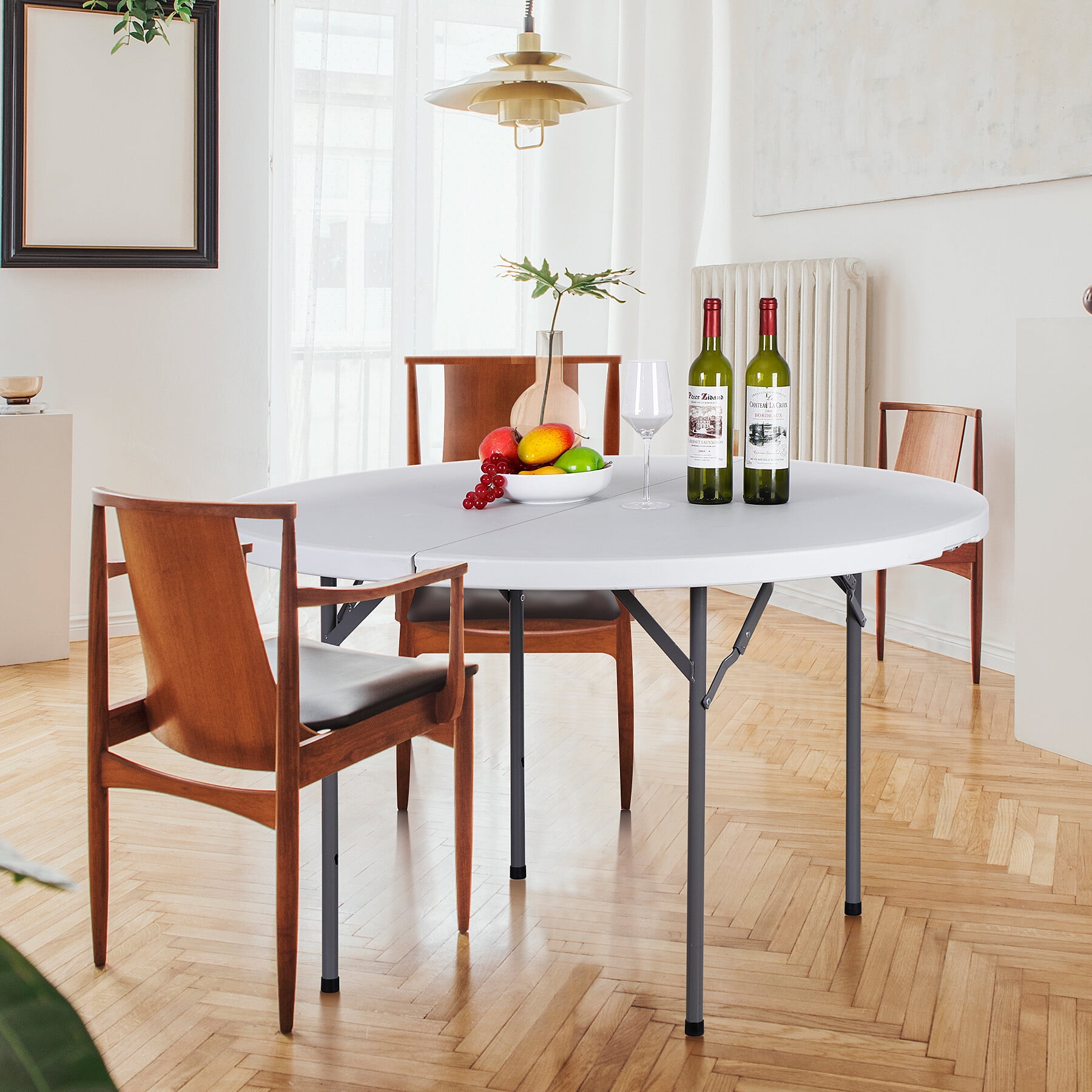 SuperDeal 48" Round Bi-Folding Plastic Table Metal Legs Portable Dining Table with Handle Indoor Outdoor, White
