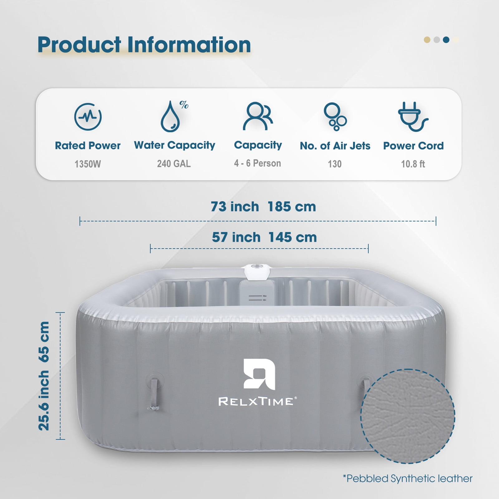 RELXTIME Portable Outdoor Spa, 4-6 Person Inflatable Hot Tub, Square Pool with 130 Massage Jets, 104°F