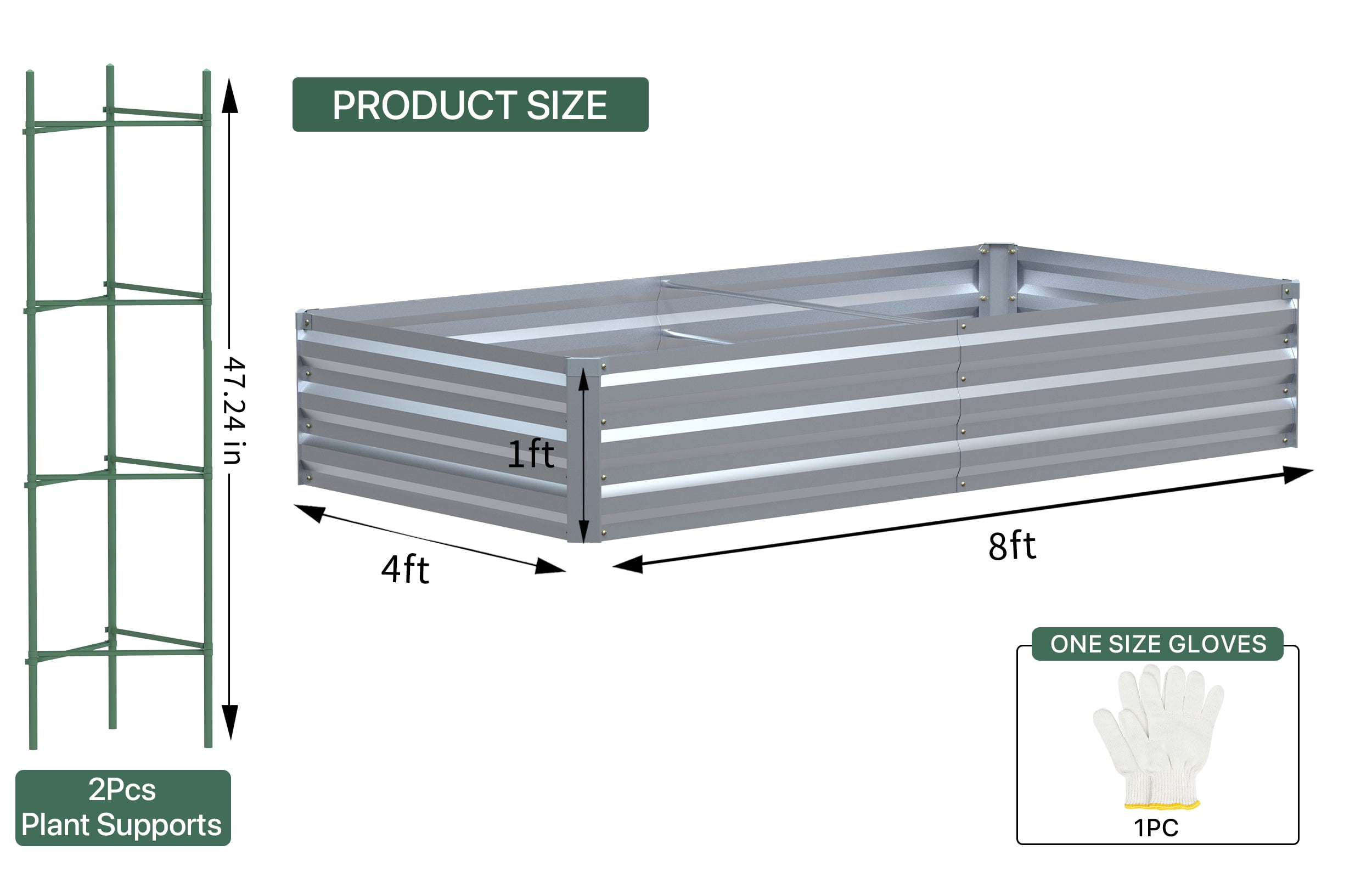 AMOBRO 8x4x1ft Outdoor Metal Raised Garden Bed Planter Box for Vegetables, Flowers, Herbs w/ 3 Tomato Cages Silver