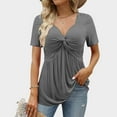 thumbnail image 2 of UJNDER Women's V Neck Short Sleeve Front Knotted Warm Top for Casual Solid Tops and Everyday Outfits Grey XXL, 2 of 6