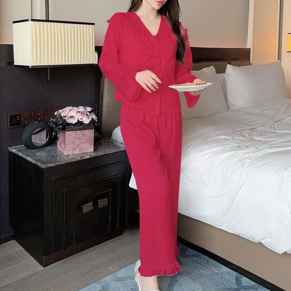 Dxzfnsa Pajama Sets for Women Women's Long Sleeve Sleepwear Button Down V-Neck Shirts Loose Trousers Sets Soft Solid Color 2 Piece Pajama Sets