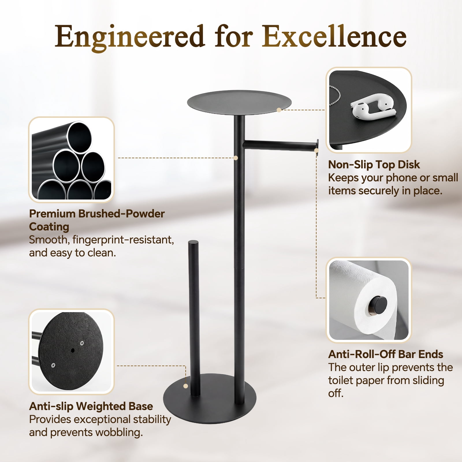 Towond Toilet Paper Holder Free Standing, 304 Stainless Steel Toilet Paper Stand for 4 Rolls with Top Storage Shelf for Phone & Small Items, Bathroom Organizers and Storage, Black