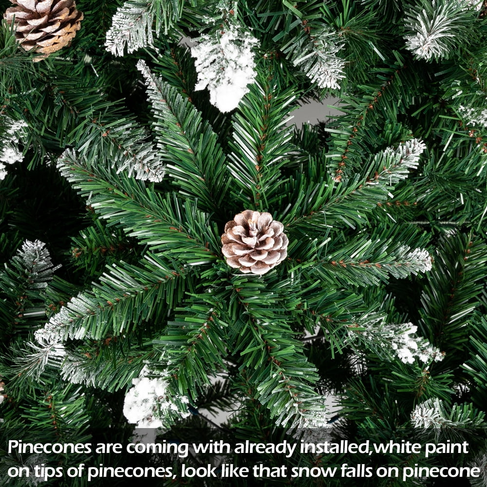 Kepooman 7FT Artificial Christmas Tree with Metal Stand for Home Office Party Decor, Xmas Tree with 1350 Branches Flocking Spray & Pine Cones, Green Kepooman 7FT Artificial Christmas Tree with Metal Stand for Home Office Party Decor, Xmas Tree with 1350 Branches Flocking Spray & Pine Cones, Green