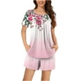 thumbnail image 1 of Jamicy Pyjamas Doux pour Femmes Ensemble Mode Décontracté Ample Rayé Imprimé Col Rond Boutons Shorts Manches Courtes Confortable Ensemble de Pyjamas pour Dames Rouge Melon D\'eau, 1 of 6