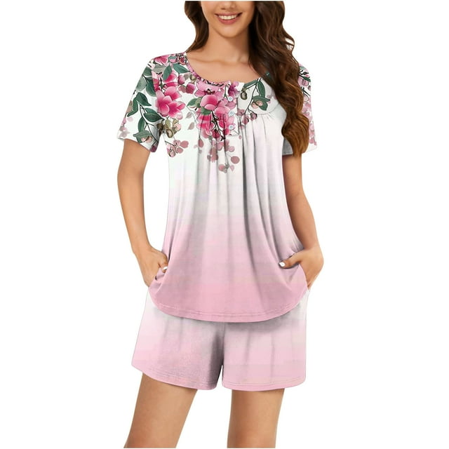 Jamicy Pyjamas Doux pour Femmes Ensemble Mode Décontracté Ample Rayé Imprimé Col Rond Boutons Shorts Manches Courtes Confortable Ensemble de Pyjamas pour Dames Rouge Melon D\'eau
