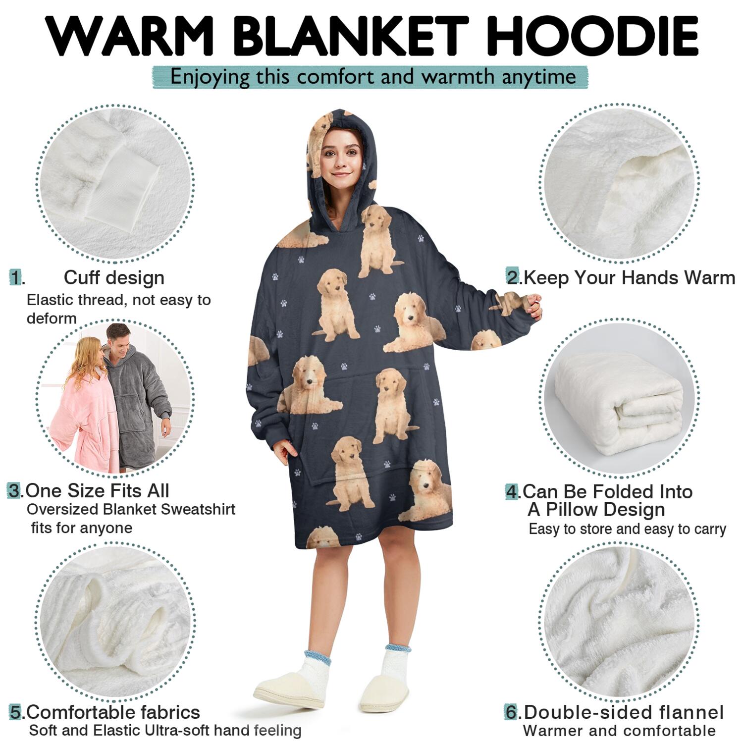 Goldendoodle Dog Wearable Oversized Blanket,Wearable Blanket Hoodie for Adults,Cozy Hooded Blankets with Super Pockets,Super Warm Fuzzy Pullover for Women & Men