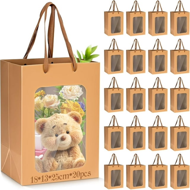 Paquete de 20 Bolsas de Regalo Kraft con Ventana Transparente, Asas de Cuerda, Ideal para Fiestas, Bodas, Cumpleaños y Envoltura de Regalos (Marrón)
