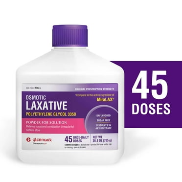 Glenmark Therapeutics Polyethylene Glycol 3350 Powder, Osmotic Laxative, Softens Stool, Relieves Occasional Constipation, Powder for Solution, 26.9 Ounce