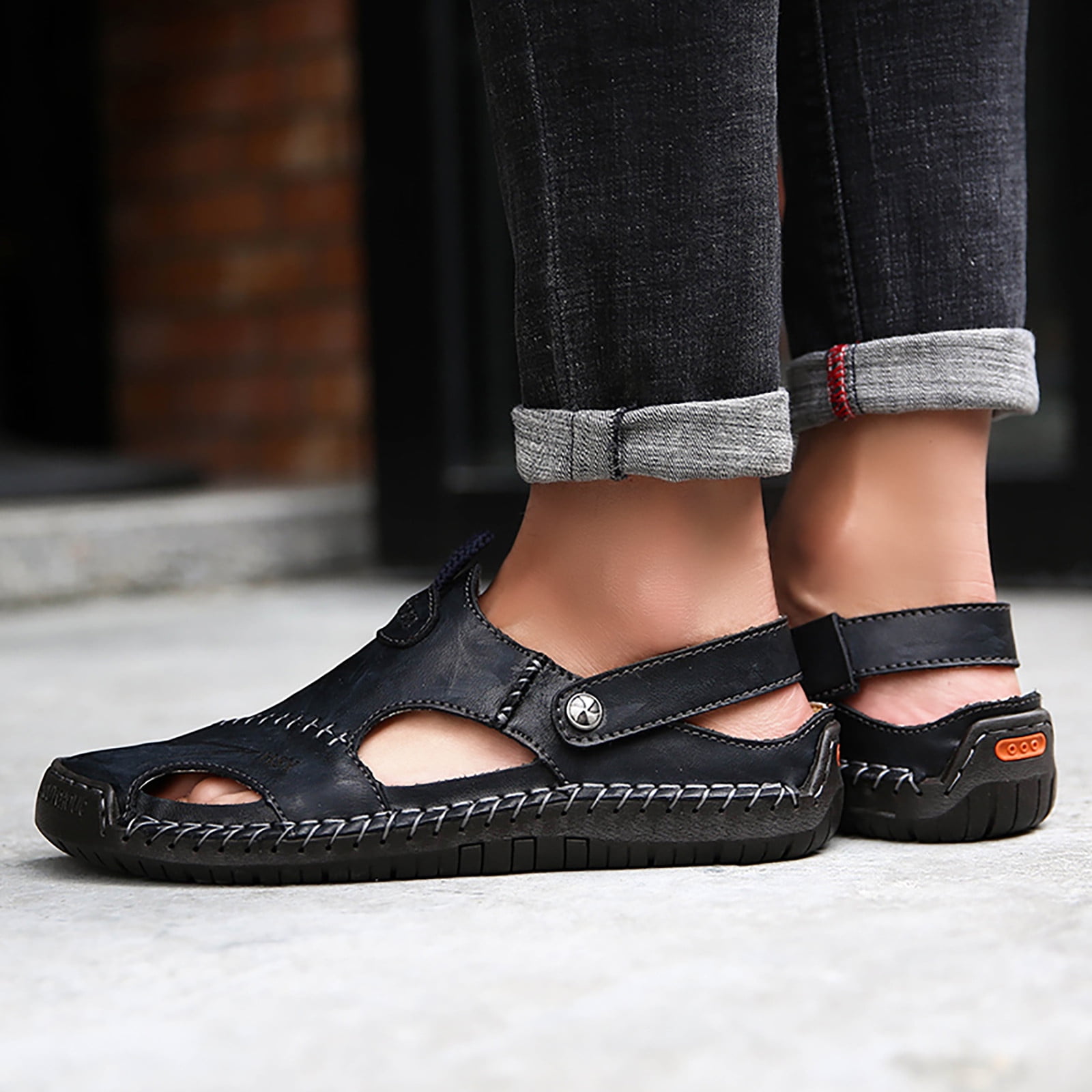 Ecqkame Men s Closed Toe Leather Sandals Clearance Summer Men s Sandals Men s Trendy Leather Beach Shoes Shoes Sewing Shoes Black 44