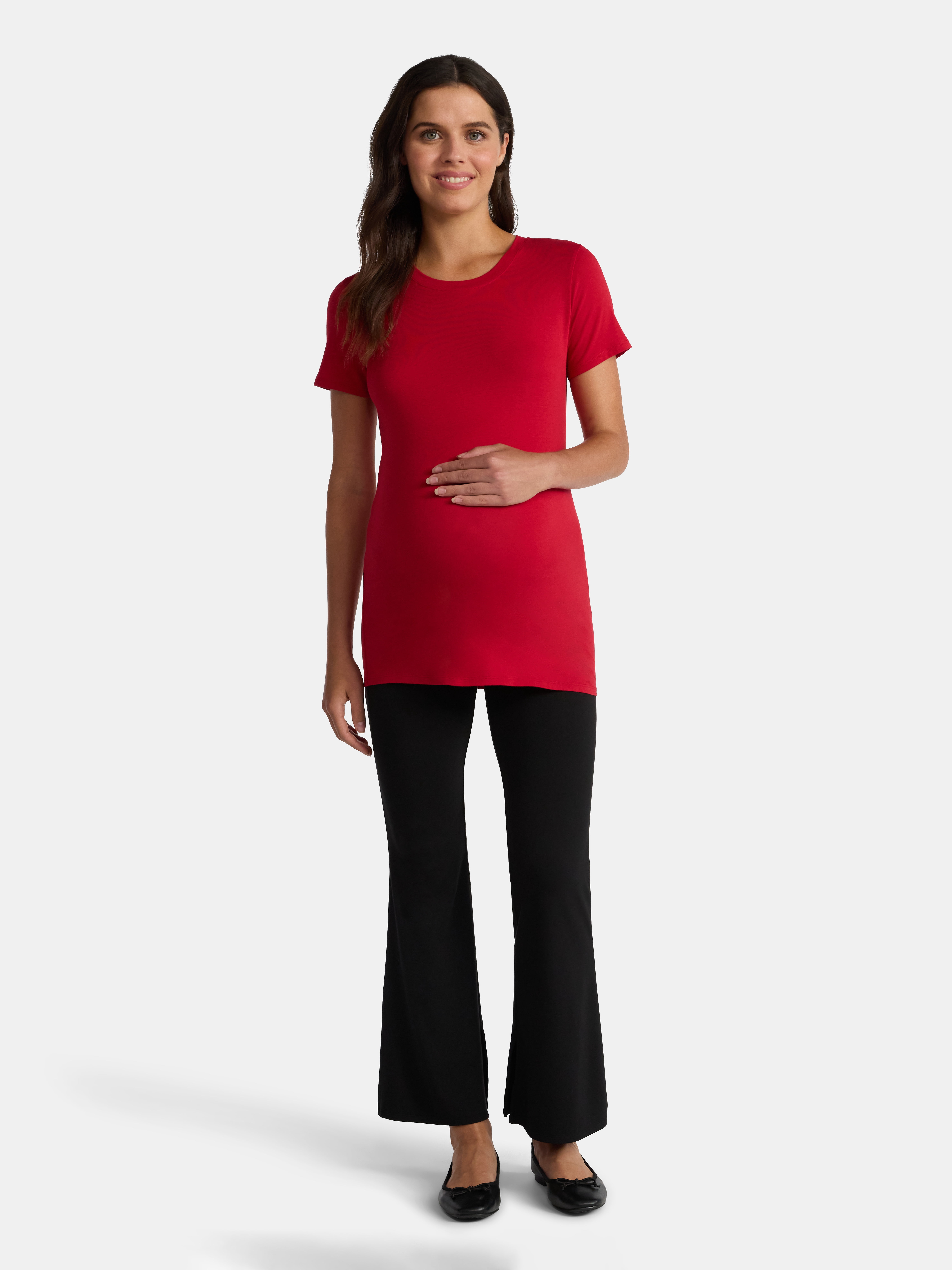 Time and Tru Women's Maternity Non Shirred Tee with Short Sleeves, Sizes S-XXL