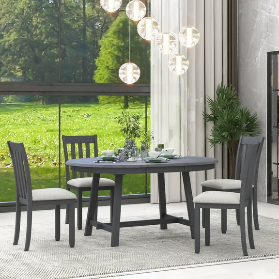 Farmhouse Dining Table Set for 4, 41.4" to 56.6" Wood Round Extendable Table and 4 Upholstered Dining Chairs, Kitchen Table Set for Small Space, 5-Piece Dining Room Set for Dorm Apartment, Gray