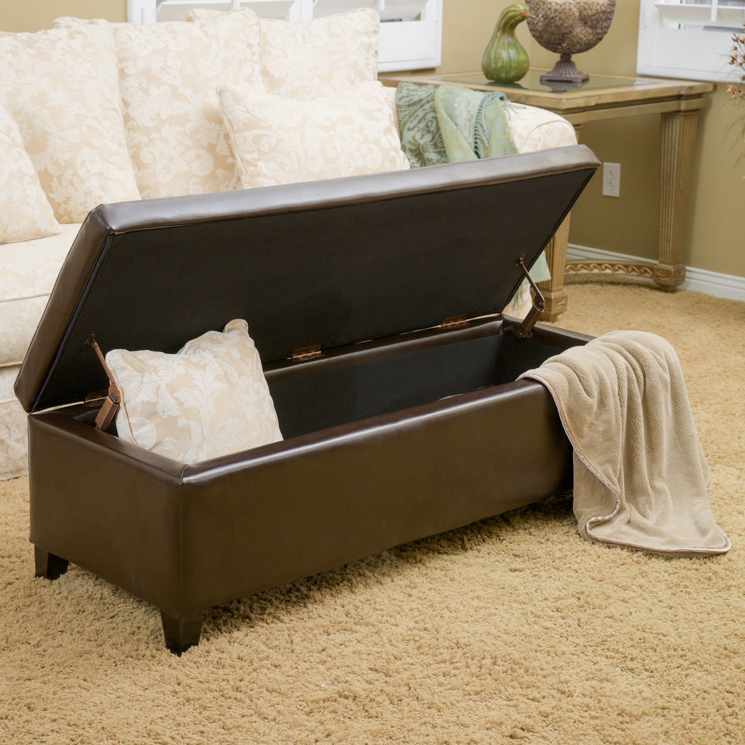 Noble House Hansen Brown Bonded Leather Storage Ottoman