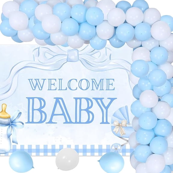 Bow Themed Baby Shower Party Decorations Blue Bow Baby Bottle Stroller Welcome Baby Backdrop Banner Neutral Preppy Blue Gingham Grandmillennial Bow Theme Decor for Boy Baby Shower
