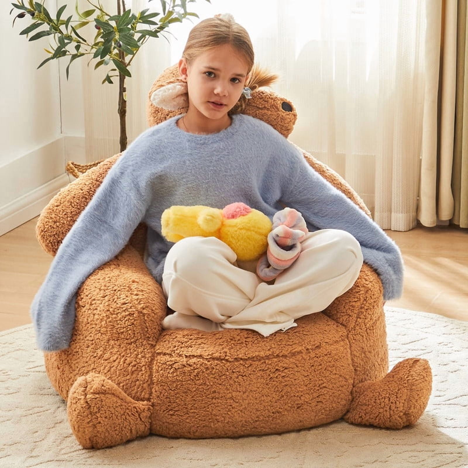 Gianna Kids Bean Bag Chair, 31 Inch Stuffed Toddler Couch with Faux Rabbit Fur Cover for Teens & Kids, Comfy Lazy Sofa Chair for Reader, Living Room, Bedroom, Brown