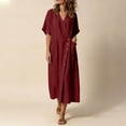 thumbnail image 5 of Bxsruta Women's Wrap V Neck Midi Dress Button Front Short Sleeve Loose Fit Casual Faux Linen Summer Dress Breathable Lightweight Versatile Everyday Flattering, 5 of 8