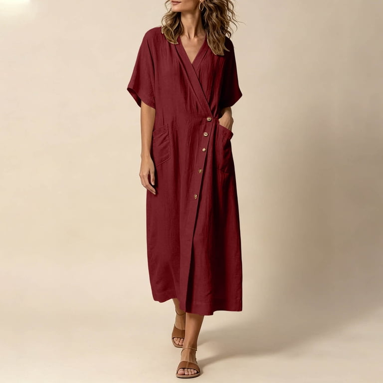 plus size red a line dress QUNYINEY Summer Dresses for Women Faux Cotton Linen Long Short Sleeve Button Down Loose Fit with Pockets V Neck Dresses Homecoming Dresses Designer عيد Tommy Hilfiger Women's Cotton Color:Sage Green
