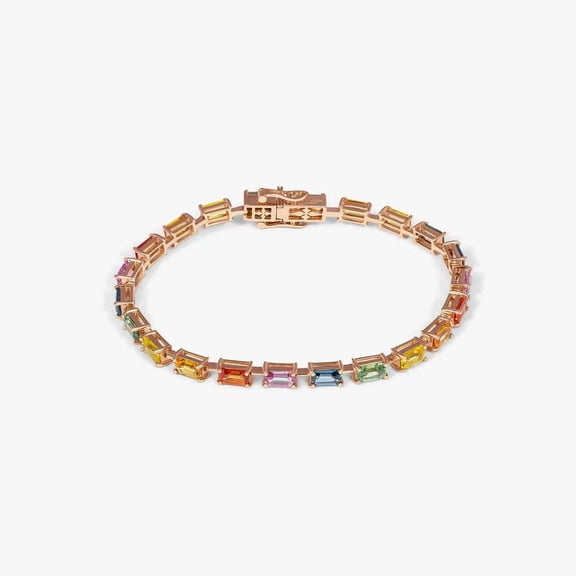 Rainbow Sapphire Baguette Tennis Bracelet, Stackable CZ Multi Gemstone Bracelet, 14k Gold Plated Bracelet Jewelry, Stackable Tennis Bracelet
