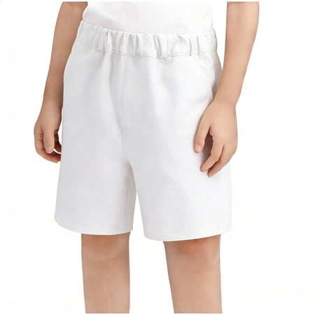 Cotton Shorts for Boys Flat Front Chinos Short with Pockets Kids Casual Summer Bermuda Shorts (13Y White)