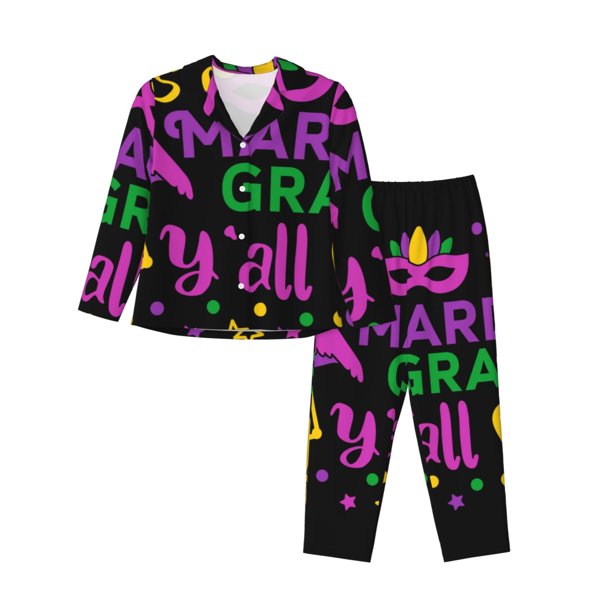 Balery Mardi Gras with Flamingo Conjunto de Pijama con Estampado para Mujer, Conjunto de Dos Piezas con Manga Larga, Ropa de Dormir Suave con Bolsillos, Pijamas Cómodos-Large