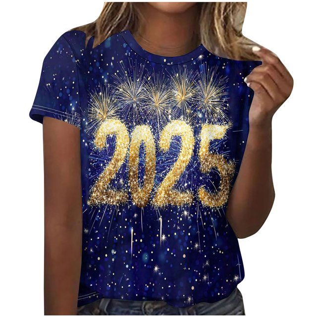 Camisetas Casuales de Mujer Año Nuevo Impreso Suéter de Manga Corta Cuello Redondo, Top de Moda para el Uso Diario