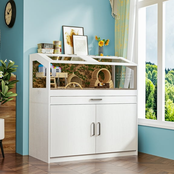 Reasea Multi-Purpose Small Animal Cage with Storage, Large Hamster & Guinea Pig Habitat, Easy View Acrylic Panels for Hamsters, Rabbits, Guinea Pigs, and Hedgehogs - White