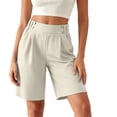 thumbnail image 5 of CQONEPT Women's Casual Bermuda Shorts Elastic Waist Wide Leg Knee Length Summer Shorts with Pockets Beige L, 5 of 7