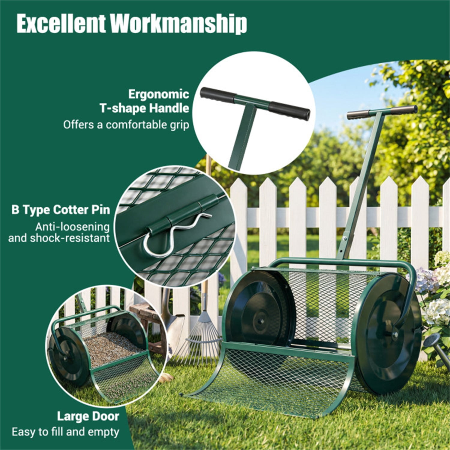 27"×16" Lawn Fertilizer Spreader with Diamond Mesh Clump-Free Garden Compost Spreader