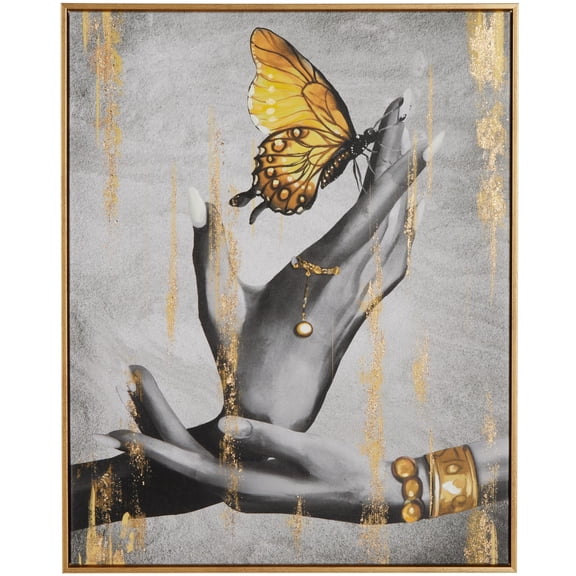 24" x 30" Shaded Butterfly Framed Wall Art with Jeweled Hands and Gold Foil Accents, by DecMode