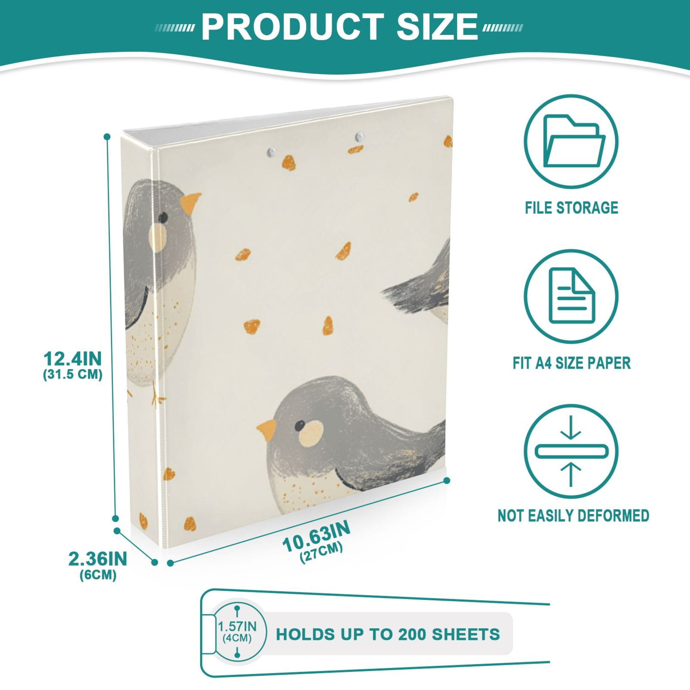 Gray Birds 3 Ring Binders 1.5 inch Hardcover File Folders with Interior Pockets A4 Size Organizer for School Office Hospital Set of 2