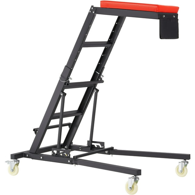 VEVOR Creeper pour l'Automobile avec Hauteur Réglable de 48 à 76 Pouces, Cadre en Acier Robuste, Plateforme Rembourrée Rouge et Pochette à Outils Intégrée. Idéal pour l'Équipement de garage et la Réparation Automobile, Il Comprend Quatre Roues Pivotantes à Roulette, Deux avec Freins et une Capacité de Charge de 400 Lb. Conception Pliable pour un Rangement compact.