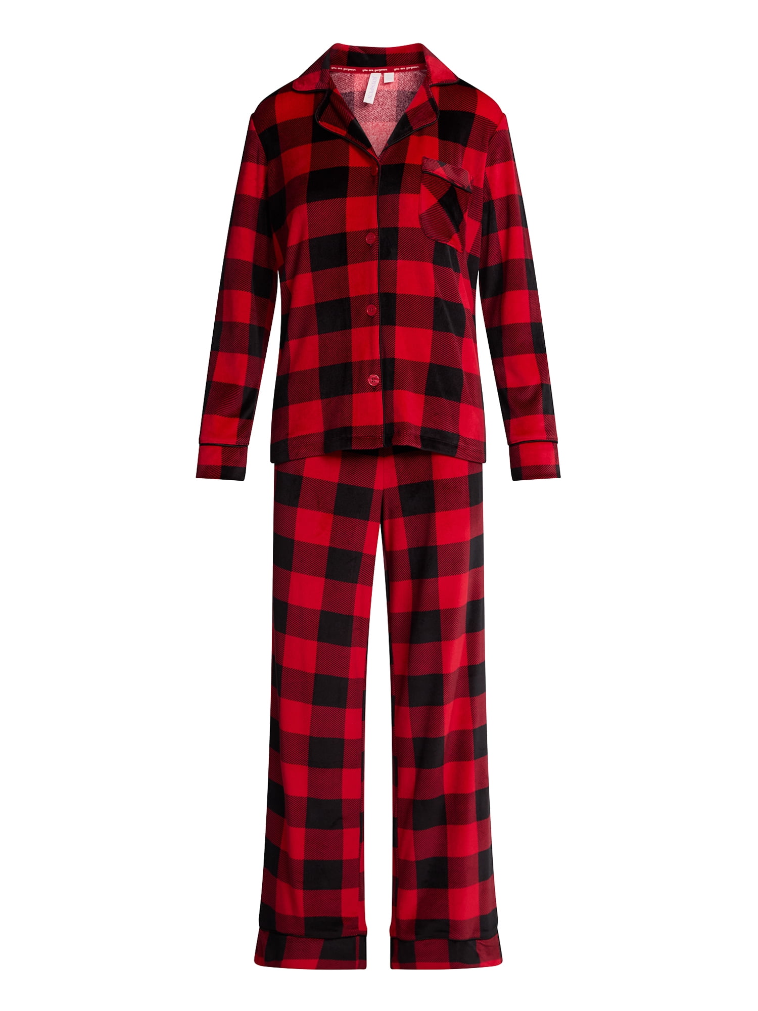 Joyspun Women’s Stretch Velour Notch Collar Long Sleeve Pajama Set, Sizes XS to 4X