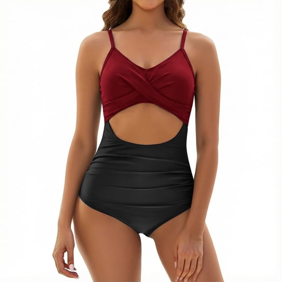 Oplxuo Color Block One Piece Swimsuit for Women Cross Front Sexy Cutout Tummy Control Bathing Suit Slimming Ruched Swimwear