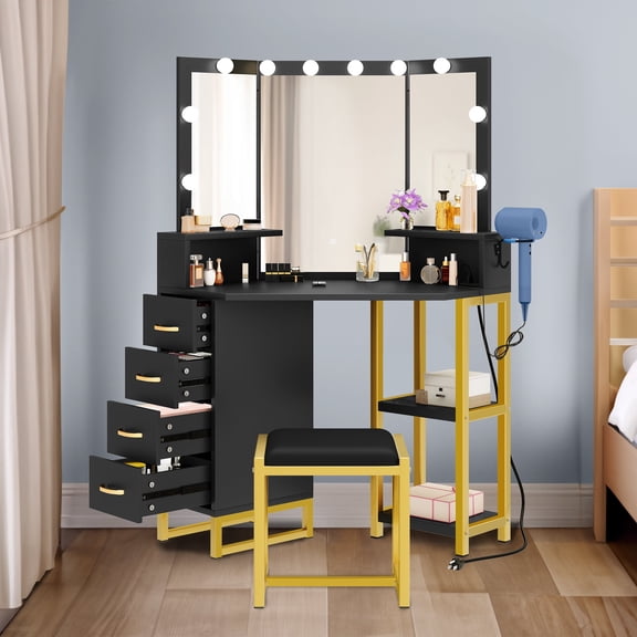 Dextrus Vanity Desk with Power Outlet and Lights, 3 Color Lighting Options, Adjustable Brightness, Corner Vanity Set with 4 Storage Drawers, Shelves and Stool for Women Girls, Black