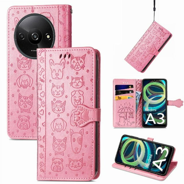 Funda Cartera FOXDOCK para Xiaomi Redmi A3 , Flip PU con Relieve de Gatos y Perros, Tarjetero y Soporte