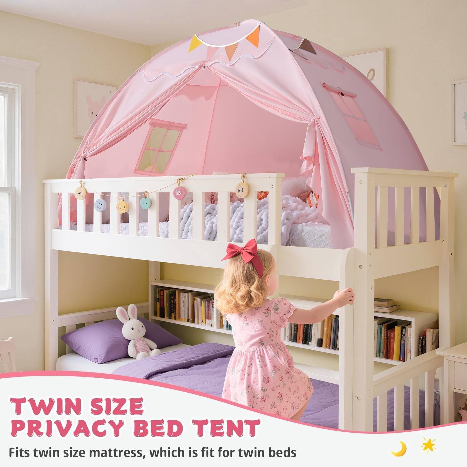 Bed Tent Canopy: Lights & Flags Indoor Play -bed Teepee Tents - Girls&boys Playhouse Space Sleeping Gifts (twin Pink)